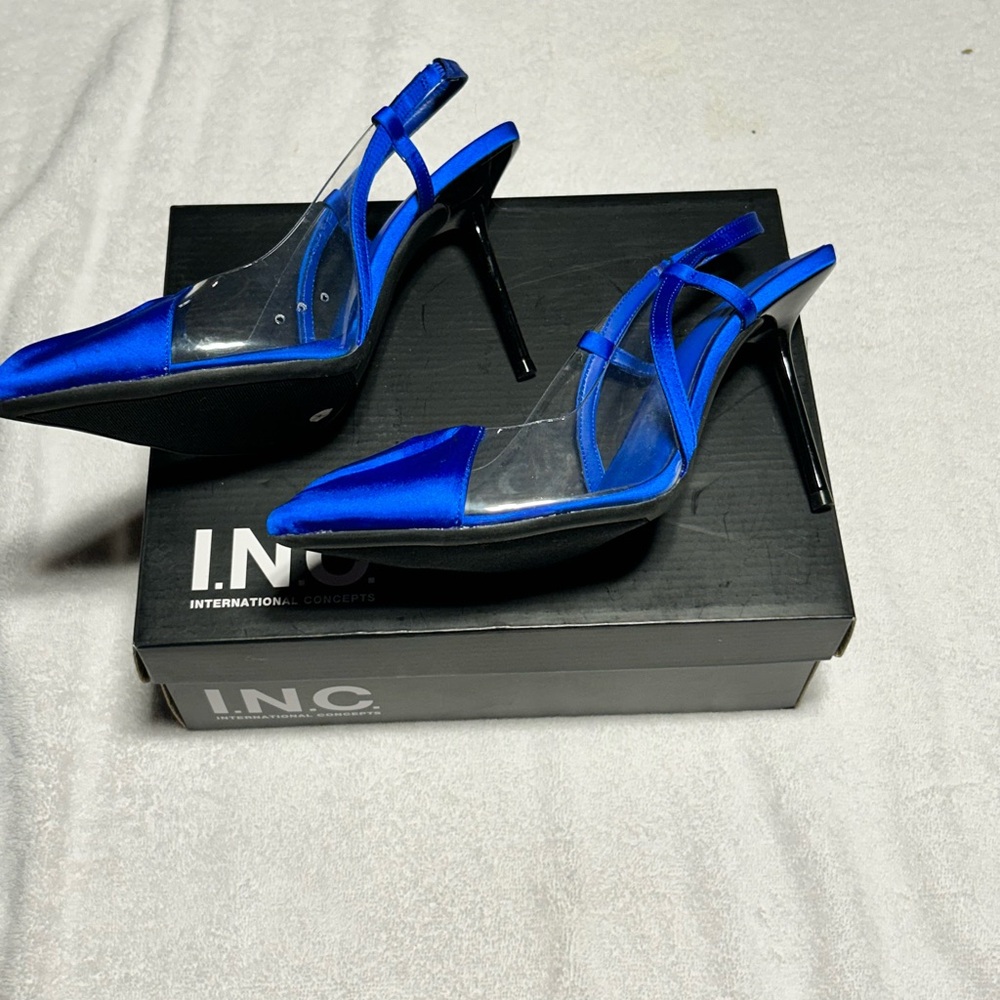 INC International Concepts Women's‎ Colbalt Satin Mixed Media Heels Sz 8 NIB - Picture 3 of 7